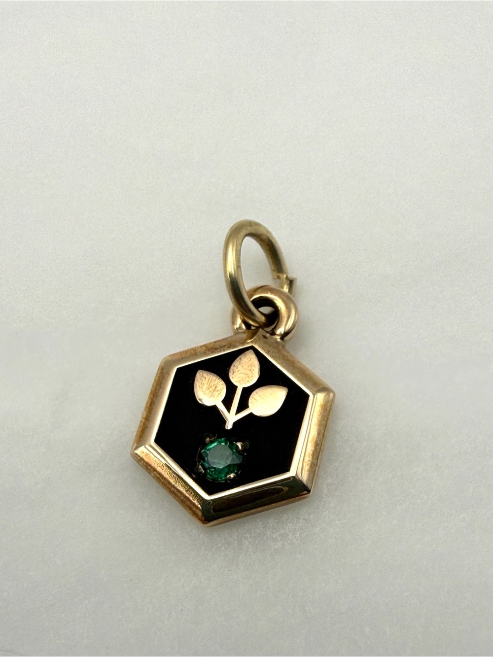10K Gold O.C. Tanner Hexagonal Emblem Pendant with Green Crystal
